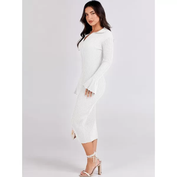 Caracilia Women's Sweater Dress 2023 Fall Long Sleeve V Neck Slim Fit Elegant Ribbed Knit Bodycon Midi Dress