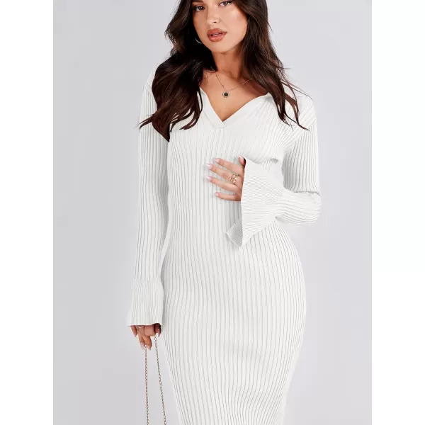 Caracilia Women's Sweater Dress 2023 Fall Long Sleeve V Neck Slim Fit Elegant Ribbed Knit Bodycon Midi Dress