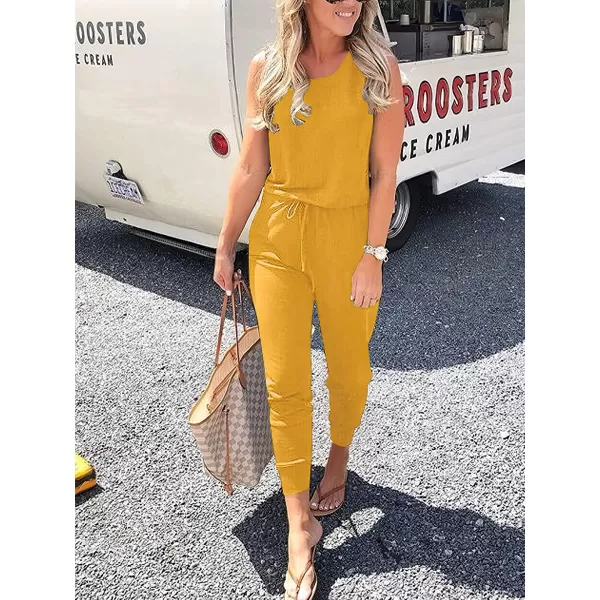 Caracilia Women's Tank Jumpsuit Casual Sleeveless Jumpsuit Beam Foot Elasitic Waist Rompers Jumpsuits with Pockets