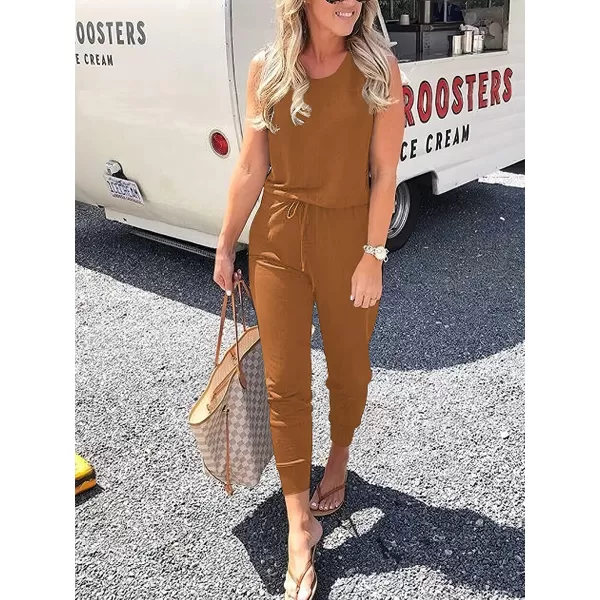 Caracilia Women's Tank Jumpsuit Casual Sleeveless Jumpsuit Beam Foot Elasitic Waist Rompers Jumpsuits with Pockets