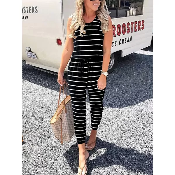 Caracilia Women's Tank Jumpsuit Casual Sleeveless Jumpsuit Beam Foot Elasitic Waist Rompers Jumpsuits with Pockets
