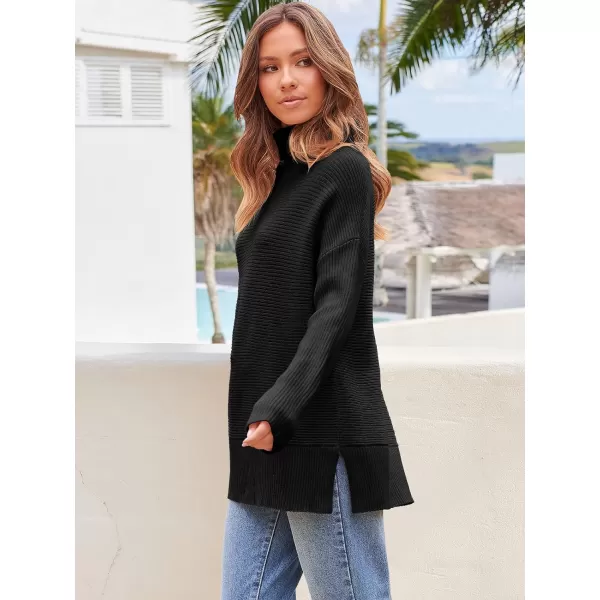 Caracilia Women's Turtleneck Oversized 2023 Fall Long Batwing Sleeve Pullover Knit Tunic Sweater Top with Spilt Hem
