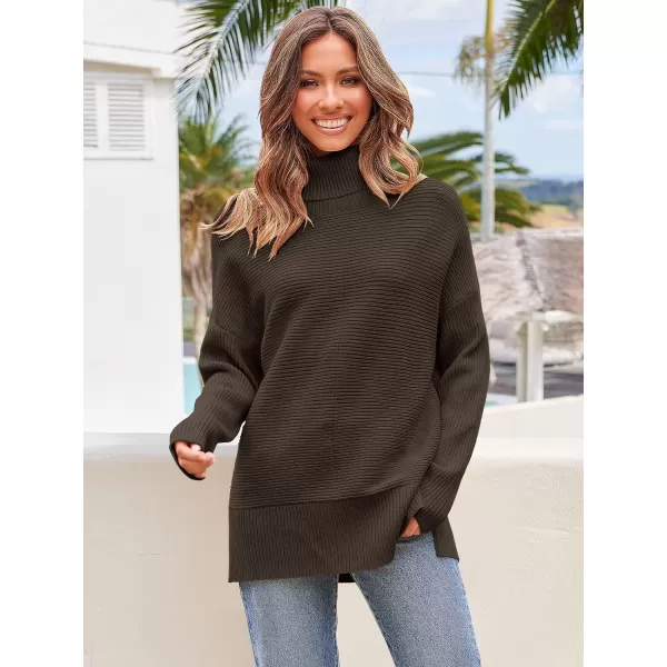Caracilia Women's Turtleneck Oversized 2023 Fall Long Batwing Sleeve Pullover Knit Tunic Sweater Top with Spilt Hem