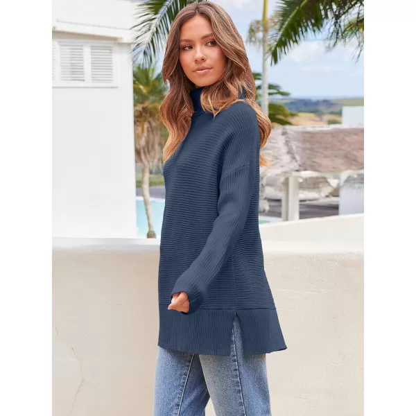 Caracilia Women's Turtleneck Oversized 2023 Fall Long Batwing Sleeve Pullover Knit Tunic Sweater Top with Spilt Hem