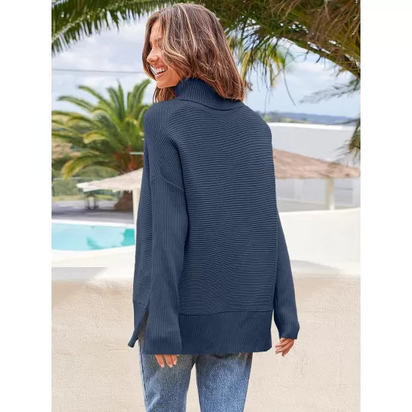 Caracilia Women's Turtleneck Oversized 2023 Fall Long Batwing Sleeve Pullover Knit Tunic Sweater Top with Spilt Hem