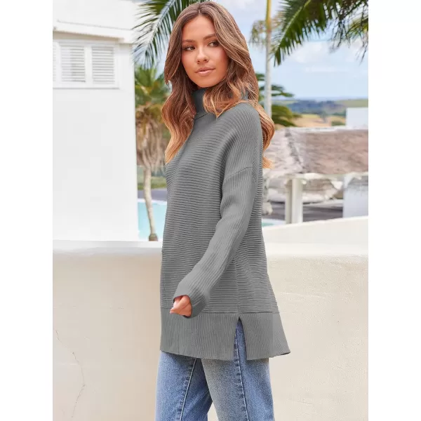 Caracilia Women's Turtleneck Oversized 2023 Fall Long Batwing Sleeve Pullover Knit Tunic Sweater Top with Spilt Hem