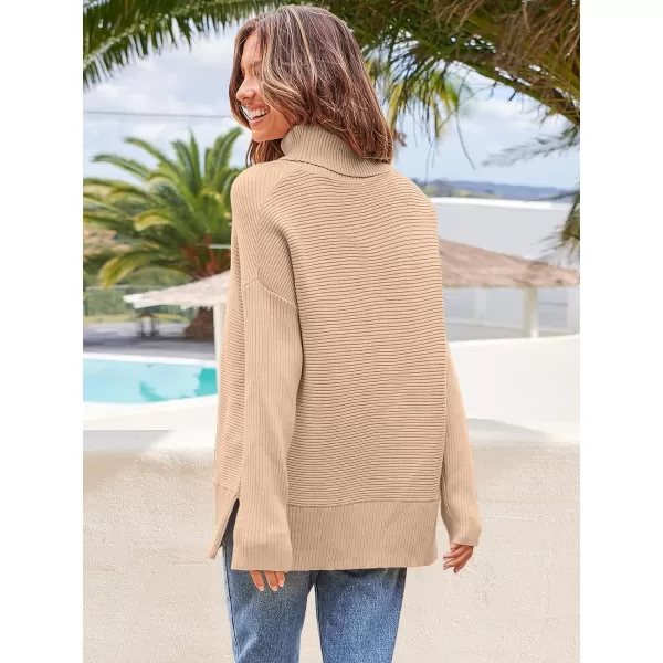 Caracilia Women's Turtleneck Oversized 2023 Fall Long Batwing Sleeve Pullover Knit Tunic Sweater Top with Spilt Hem