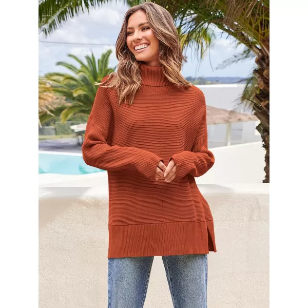 Caracilia Women's Turtleneck Oversized 2023 Fall Long Batwing Sleeve Pullover Knit Tunic Sweater Top with Spilt Hem