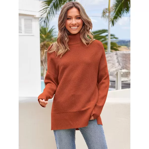 Caracilia Women's Turtleneck Oversized 2023 Fall Long Batwing Sleeve Pullover Knit Tunic Sweater Top with Spilt Hem