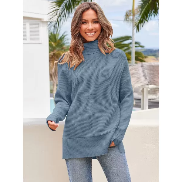 Caracilia Women's Turtleneck Oversized 2023 Fall Long Batwing Sleeve Pullover Knit Tunic Sweater Top with Spilt Hem
