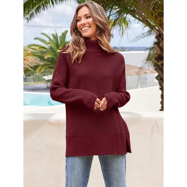 Caracilia Women's Turtleneck Oversized 2023 Fall Long Batwing Sleeve Pullover Knit Tunic Sweater Top with Spilt Hem