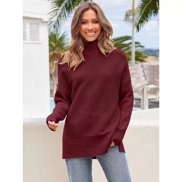 Caracilia Women's Turtleneck Oversized 2023 Fall Long Batwing Sleeve Pullover Knit Tunic Sweater Top with Spilt Hem