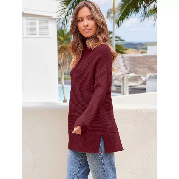 Caracilia Women's Turtleneck Oversized 2023 Fall Long Batwing Sleeve Pullover Knit Tunic Sweater Top with Spilt Hem