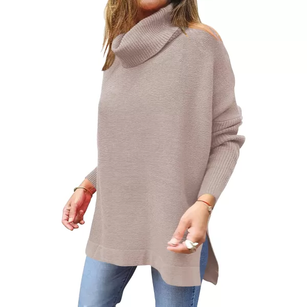 Caracilia Women's Turtleneck Oversized Knit Sweater 2023 Fall Long Batwing Sleeve Spilt Hem Pullover Sweater High Low Tops