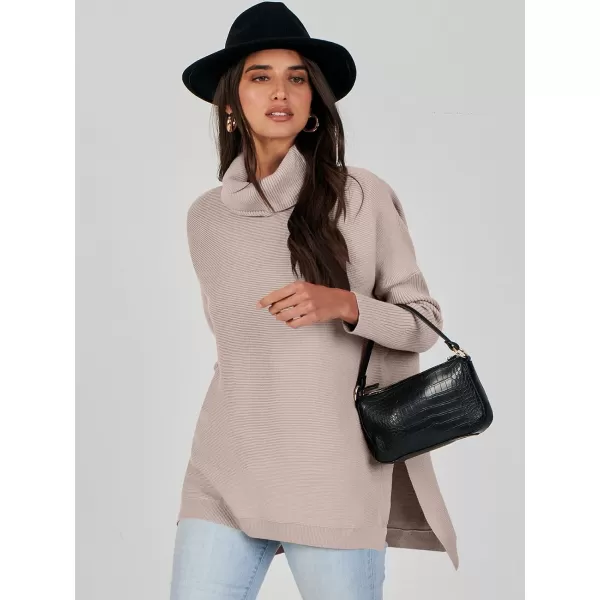 Caracilia Women's Turtleneck Oversized Knit Sweater 2023 Fall Long Batwing Sleeve Spilt Hem Pullover Sweater High Low Tops