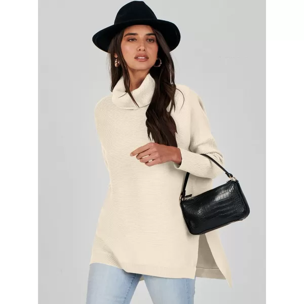 Caracilia Women's Turtleneck Oversized Knit Sweater 2023 Fall Long Batwing Sleeve Spilt Hem Pullover Sweater High Low Tops
