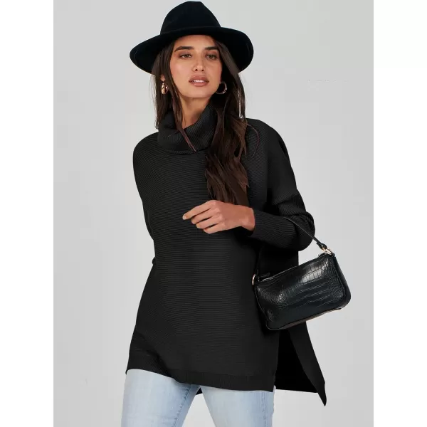 Caracilia Women's Turtleneck Oversized Knit Sweater 2023 Fall Long Batwing Sleeve Spilt Hem Pullover Sweater High Low Tops