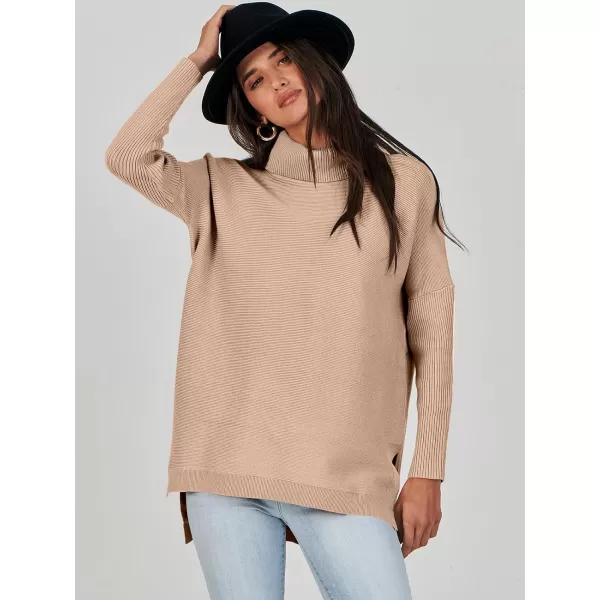 Caracilia Women's Turtleneck Oversized Knit Sweater 2023 Fall Long Batwing Sleeve Spilt Hem Pullover Sweater High Low Tops