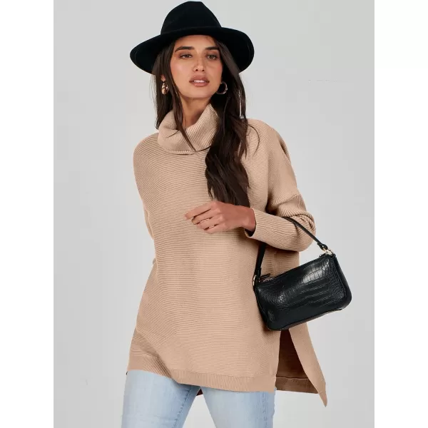 Caracilia Women's Turtleneck Oversized Knit Sweater 2023 Fall Long Batwing Sleeve Spilt Hem Pullover Sweater High Low Tops