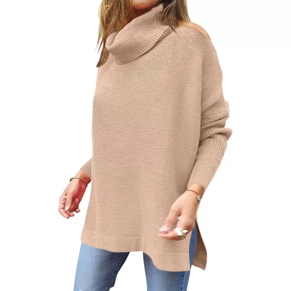 Caracilia Women's Turtleneck Oversized Knit Sweater 2023 Fall Long Batwing Sleeve Spilt Hem Pullover Sweater High Low Tops