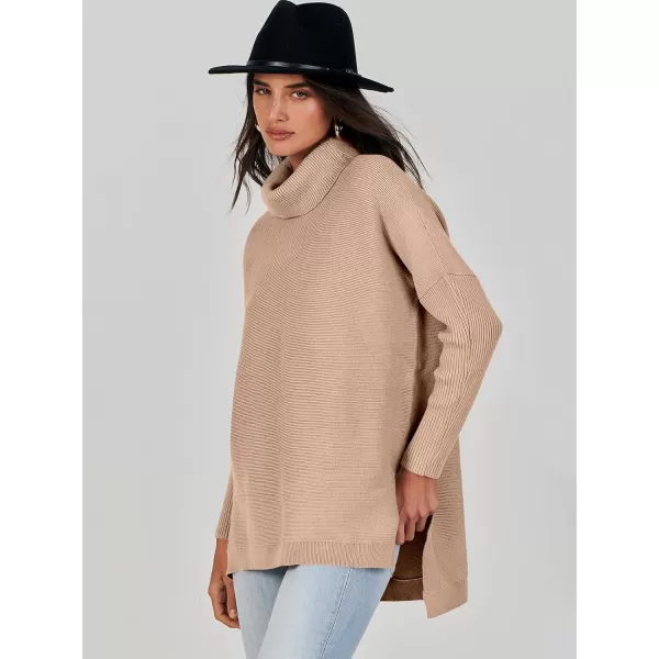 Caracilia Women's Turtleneck Oversized Knit Sweater 2023 Fall Long Batwing Sleeve Spilt Hem Pullover Sweater High Low Tops