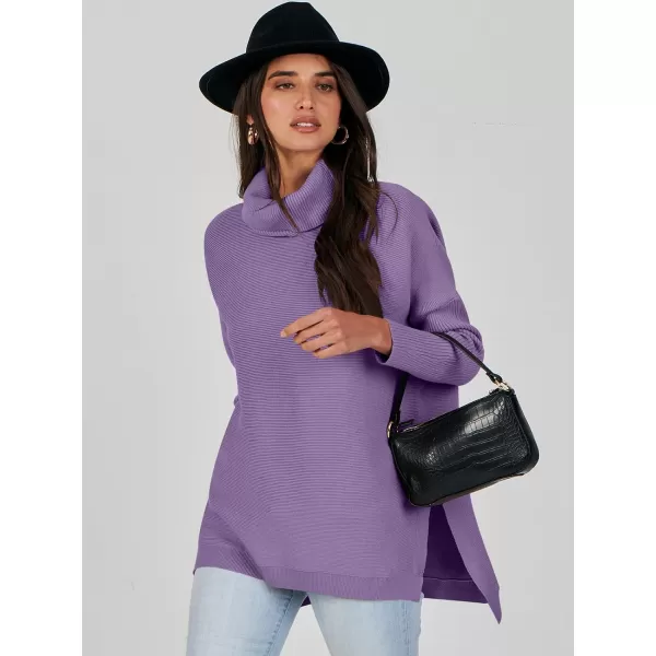 Caracilia Women's Turtleneck Oversized Knit Sweater 2023 Fall Long Batwing Sleeve Spilt Hem Pullover Sweater High Low Tops