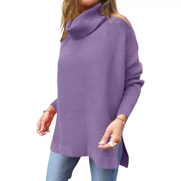Caracilia Women's Turtleneck Oversized Knit Sweater 2023 Fall Long Batwing Sleeve Spilt Hem Pullover Sweater High Low Tops