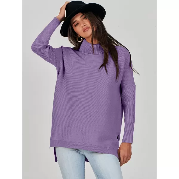 Caracilia Women's Turtleneck Oversized Knit Sweater 2023 Fall Long Batwing Sleeve Spilt Hem Pullover Sweater High Low Tops