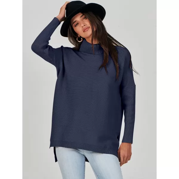Caracilia Women's Turtleneck Oversized Knit Sweater 2023 Fall Long Batwing Sleeve Spilt Hem Pullover Sweater High Low Tops