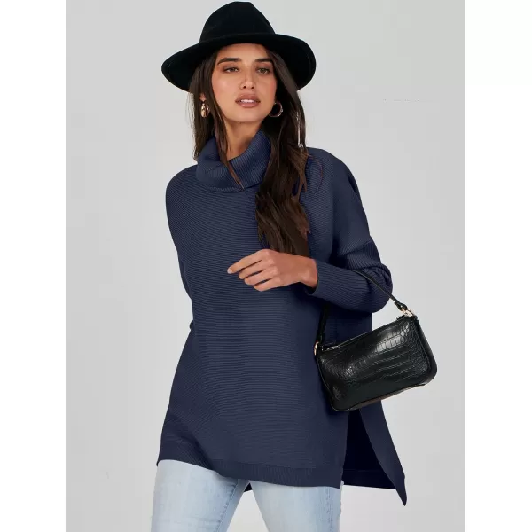 Caracilia Women's Turtleneck Oversized Knit Sweater 2023 Fall Long Batwing Sleeve Spilt Hem Pullover Sweater High Low Tops