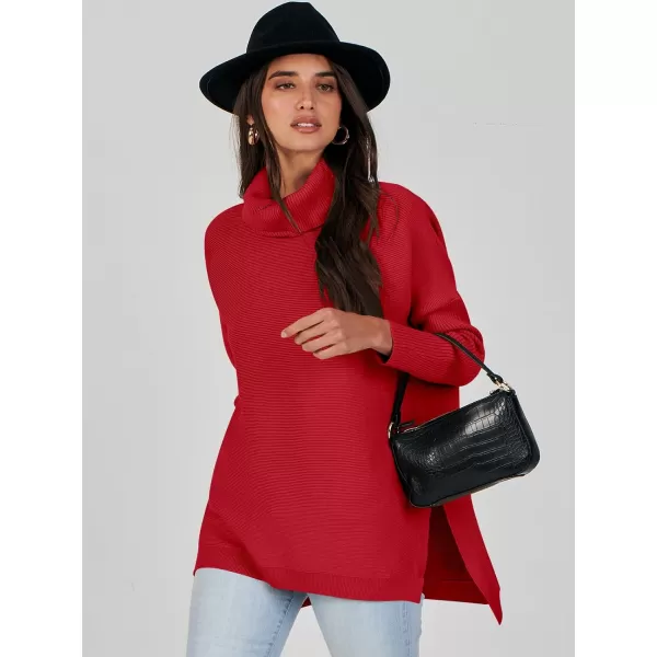 Caracilia Women's Turtleneck Oversized Knit Sweater 2023 Fall Long Batwing Sleeve Spilt Hem Pullover Sweater High Low Tops