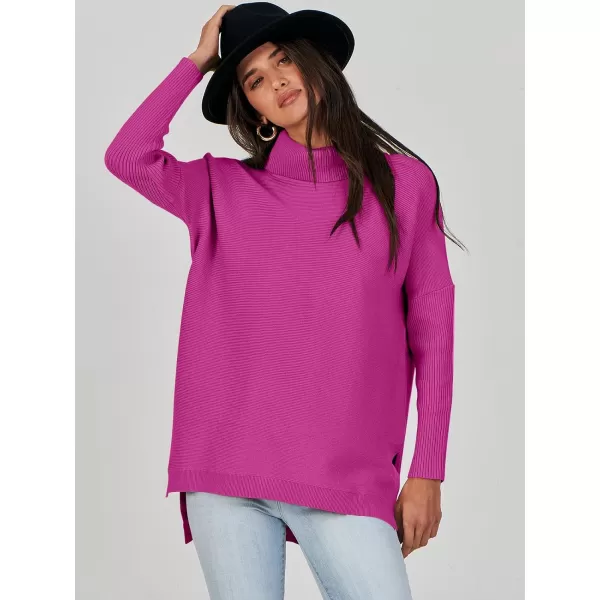 Caracilia Women's Turtleneck Oversized Knit Sweater 2023 Fall Long Batwing Sleeve Spilt Hem Pullover Sweater High Low Tops