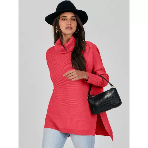 Caracilia Women's Turtleneck Oversized Knit Sweater 2023 Fall Long Batwing Sleeve Spilt Hem Pullover Sweater High Low Tops