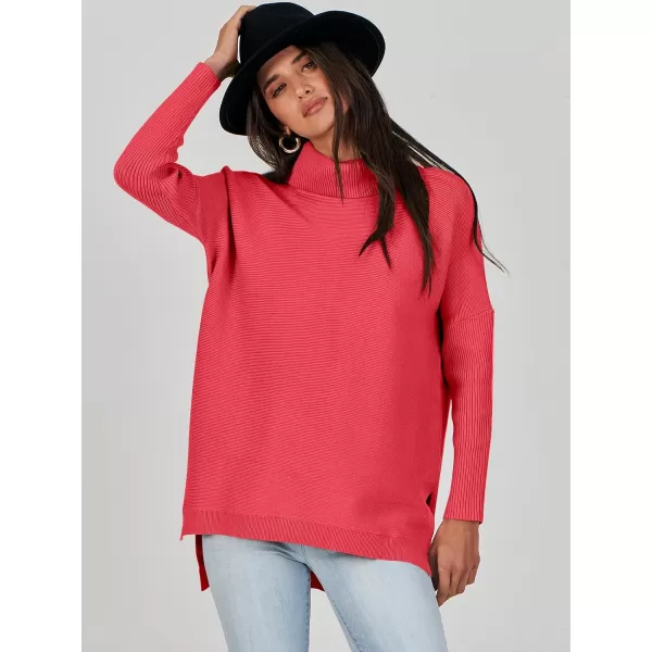 Caracilia Women's Turtleneck Oversized Knit Sweater 2023 Fall Long Batwing Sleeve Spilt Hem Pullover Sweater High Low Tops