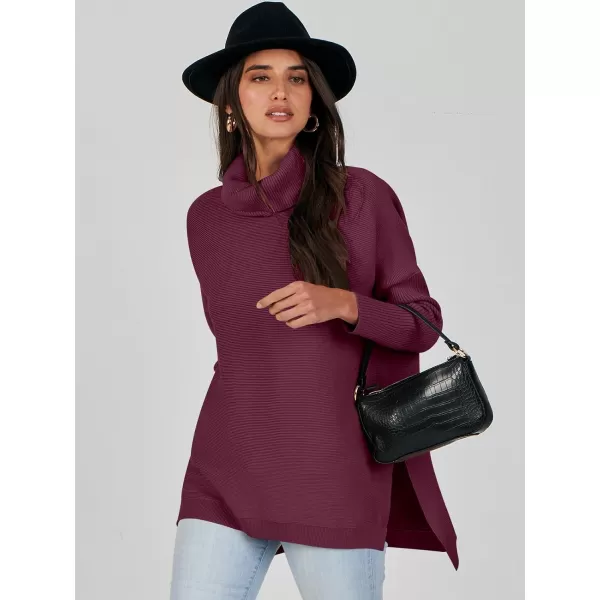 Caracilia Women's Turtleneck Oversized Knit Sweater 2023 Fall Long Batwing Sleeve Spilt Hem Pullover Sweater High Low Tops