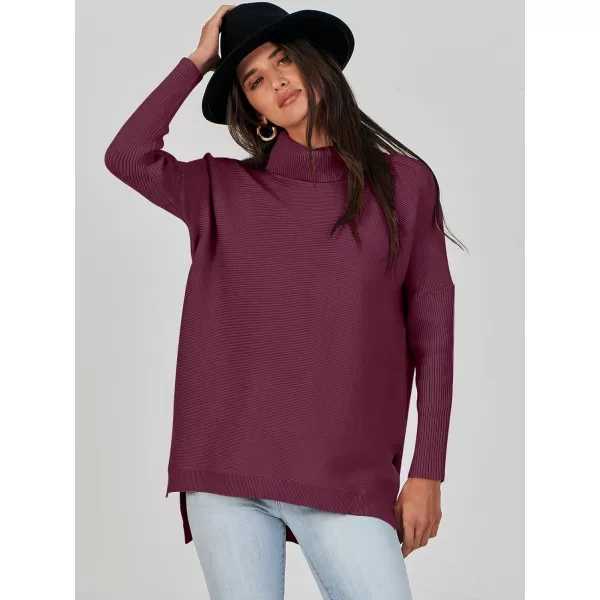 Caracilia Women's Turtleneck Oversized Knit Sweater 2023 Fall Long Batwing Sleeve Spilt Hem Pullover Sweater High Low Tops