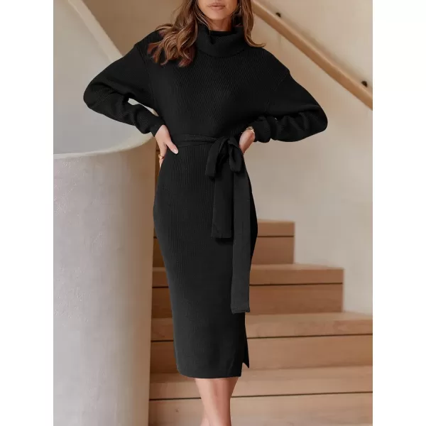 Caracilia Women's Turtleneck Sweater Dress Long Sleeve Ribbed Knit Bodycon Slit Midi Dress with Belt
