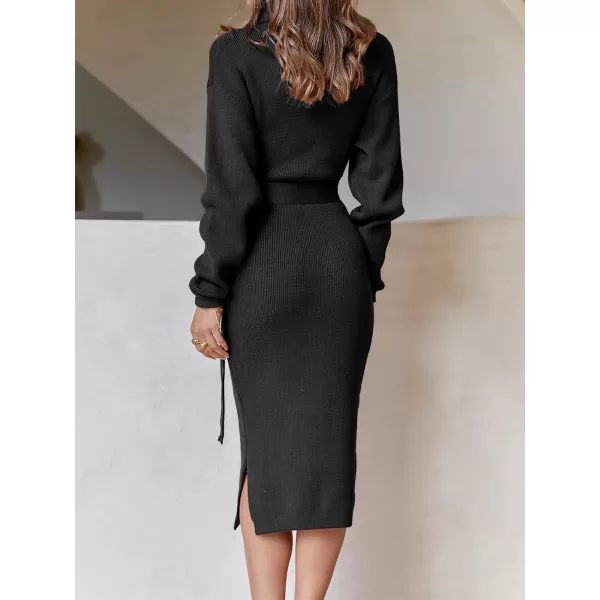 Caracilia Women's Turtleneck Sweater Dress Long Sleeve Ribbed Knit Bodycon Slit Midi Dress with Belt