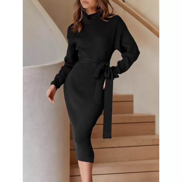 Caracilia Women's Turtleneck Sweater Dress Long Sleeve Ribbed Knit Bodycon Slit Midi Dress with Belt