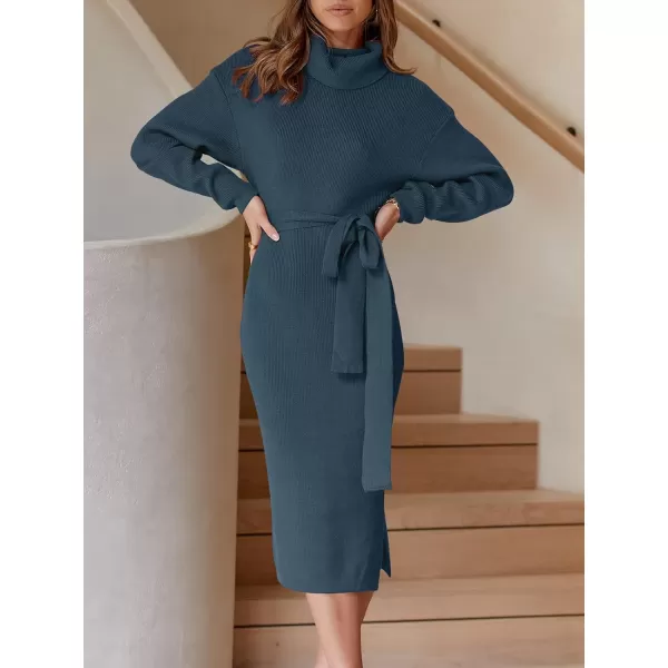Caracilia Women's Turtleneck Sweater Dress Long Sleeve Ribbed Knit Bodycon Slit Midi Dress with Belt