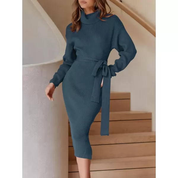 Caracilia Women's Turtleneck Sweater Dress Long Sleeve Ribbed Knit Bodycon Slit Midi Dress with Belt