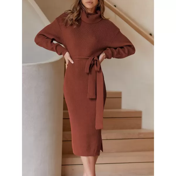 Caracilia Women's Turtleneck Sweater Dress Long Sleeve Ribbed Knit Bodycon Slit Midi Dress with Belt