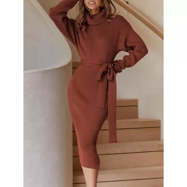 Caracilia Women's Turtleneck Sweater Dress Long Sleeve Ribbed Knit Bodycon Slit Midi Dress with Belt