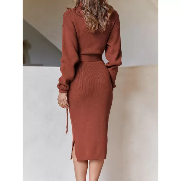 Caracilia Women's Turtleneck Sweater Dress Long Sleeve Ribbed Knit Bodycon Slit Midi Dress with Belt