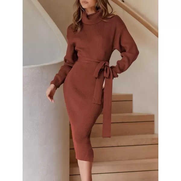 Caracilia Women's Turtleneck Sweater Dress Long Sleeve Ribbed Knit Bodycon Slit Midi Dress with Belt
