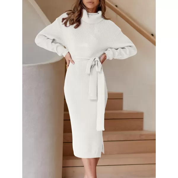 Caracilia Women's Turtleneck Sweater Dress Long Sleeve Ribbed Knit Bodycon Slit Midi Dress with Belt