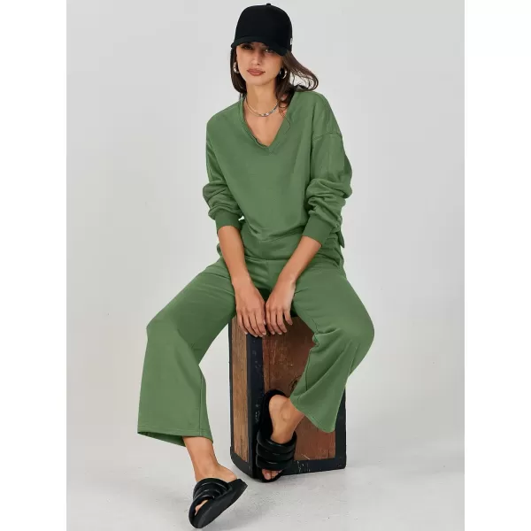 Caracilia Women's Two Piece Outfits Matching Sets Long Sleeve Cropped Tops and Wide Leg Pants Tracksuit Lounge Sets