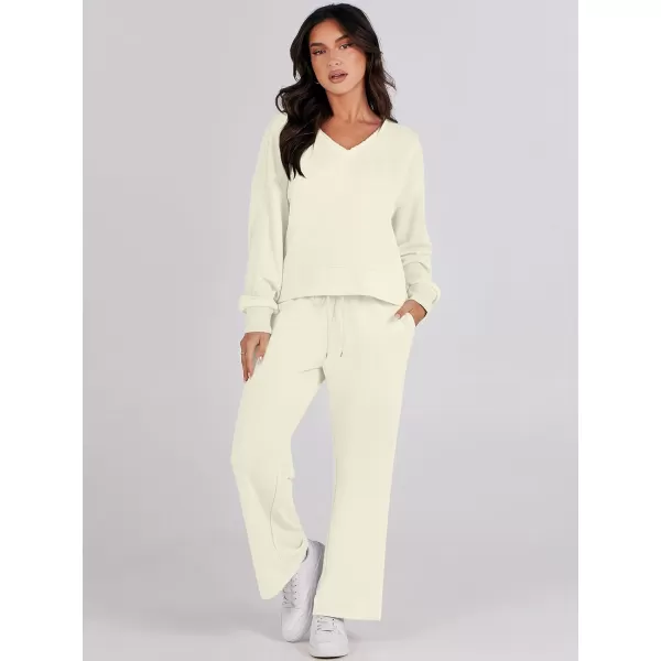 Caracilia Women's Two Piece Outfits Matching Sets Long Sleeve Cropped Tops and Wide Leg Pants Tracksuit Lounge Sets