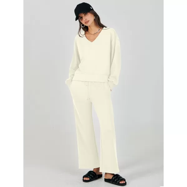 Caracilia Women's Two Piece Outfits Matching Sets Long Sleeve Cropped Tops and Wide Leg Pants Tracksuit Lounge Sets
