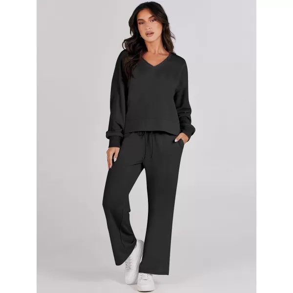 Caracilia Women's Two Piece Outfits Matching Sets Long Sleeve Cropped Tops and Wide Leg Pants Tracksuit Lounge Sets